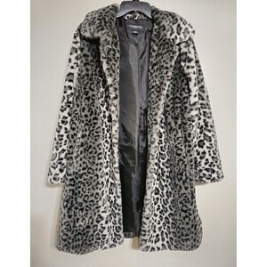 Liz Claiborne Faux Fur Leopard Print Long Button Front Coat Jacket Size M EUC
